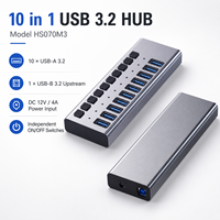 10 Portlu USB 3.2 Hub Alüminyum, VL822 Çip, 10Gbps Yüksek Hız, 10x USB-A, Bireysel Anahtarlı, 12V Güç, HS070M3