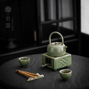 Juego de tetera y calentador de té estilo retro, tetera de gres con esmalte verde bambú y calentador de vela para el té de la tarde - Product Image 3