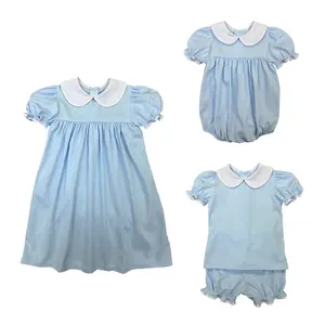 थोक ग्रीष्मकालीन बेबी कपड़े लड़कियों को बुलबुला रोपर कपास बुना हुआ हल्का नीला कॉलर टॉडलर लड़कियों का रोमांस