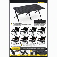 Ensemble de table de camping avec 8 chaises pliantes, noir/bois grainé, acier carbone, table extra large enroulable pour fête familiale en plein air