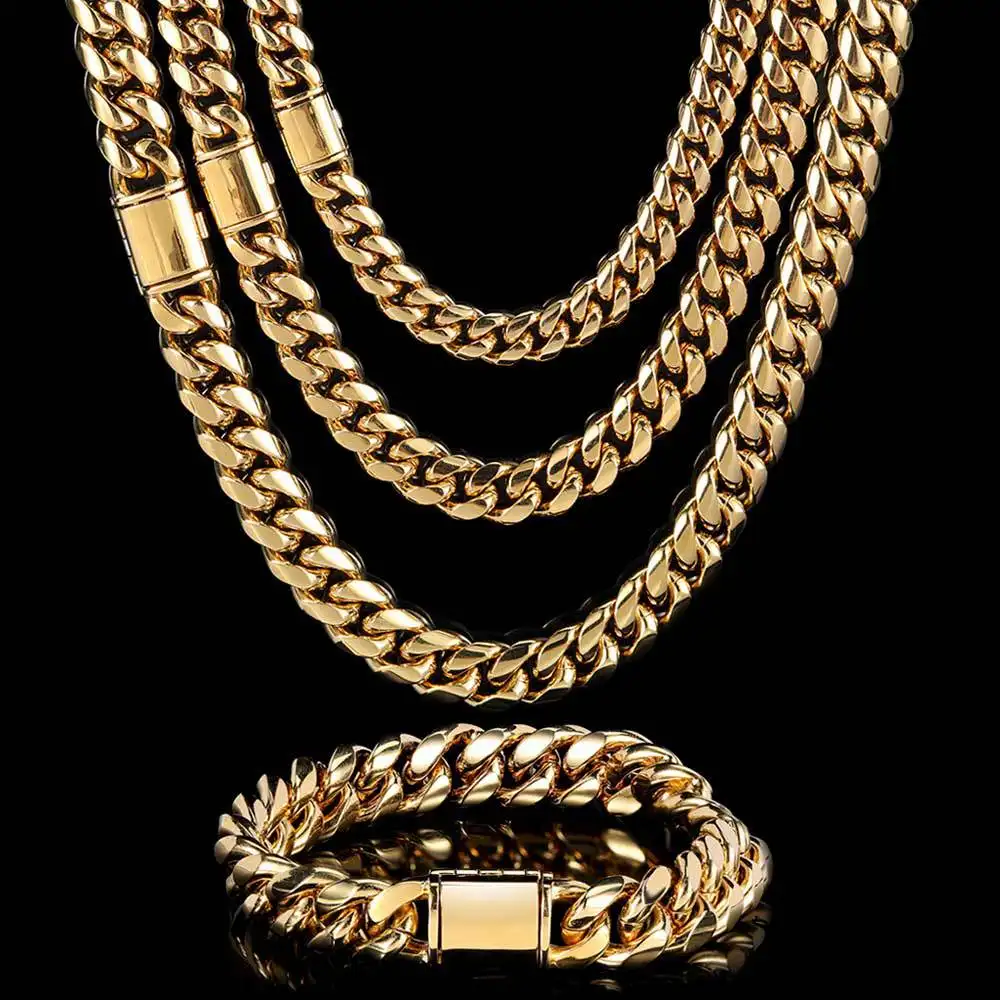 Customized Men Cadena De Oro 14K 18K Stainless Steel Cuban Miami Link Chain Necklace