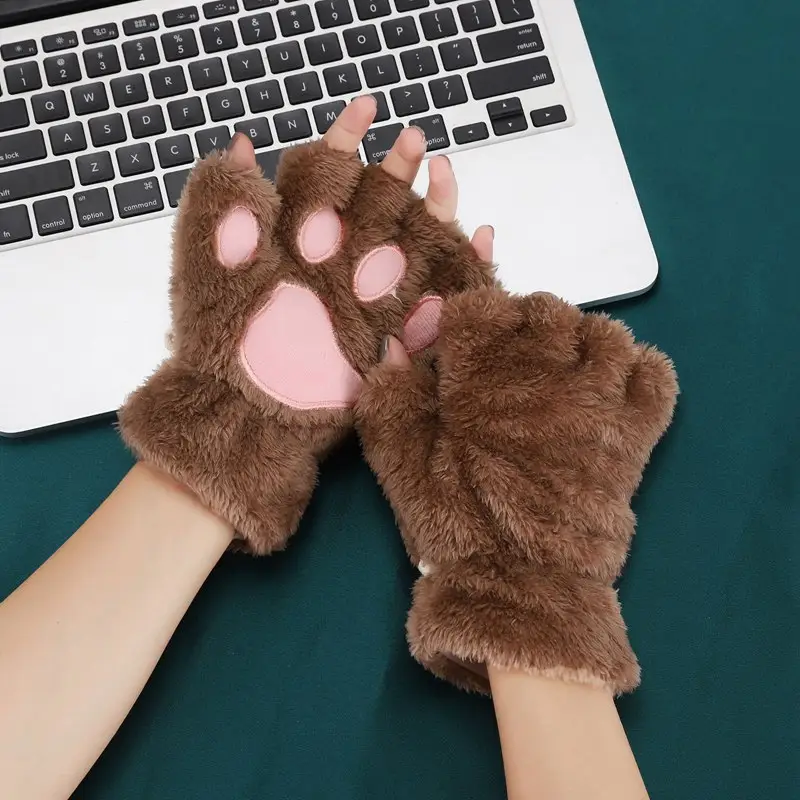 Women Cartoon Cat Claw Gloves Girls Thickened Plush Lovely Style Bear Paw Exposed Fingers Half Finger Winter Warm Gloves