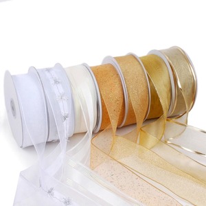 Eco-Friendly Golden Satin Polyester/Cotton Organza Ribbon Gold Edge Double Face <b>Bow</b> Printed Glitter Printed for <b>Gift</b> Packaging - Product Image 3