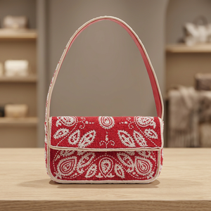 Red Beaded Flap Evening Bag with Embroidery Handmade Shoulder Purse Elegant Party <b>Handbag</b> Sparkling Pearl Chains Soft - Product Image 1