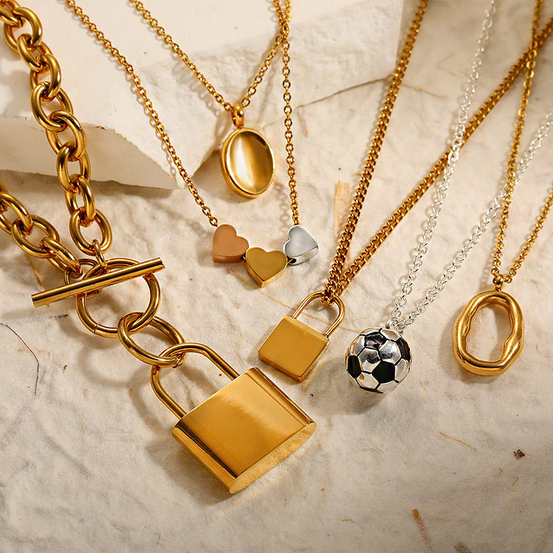 18K Gold PVD Plated Football Moon Charm Necklace