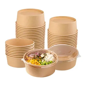 Dùng Một Lần Vòng Dưới Takeaway Bao Bì Hộp Kraft Salad Ủ Súp Giấy Trắng Bát Salad