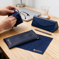 EAST-SUNSHINE Étui à lunettes pliable triangulaire en cuir PU avec logo personnalisé, pochette à clip à ressort et chiffon de nettoyage en microfibre
