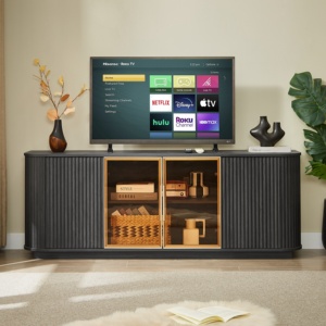 Luxury Solid Wood Round <b>Sideboard</b> with Vertical Stripe Design Modern Storage Cabinet for Living Room - Product Image 2