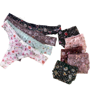 Nouvelle culotte string sexy en dentelle imprimée, transparente, taille basse, motif floral pivoine, avec nœud, respirante, pour femme - Product Image 1