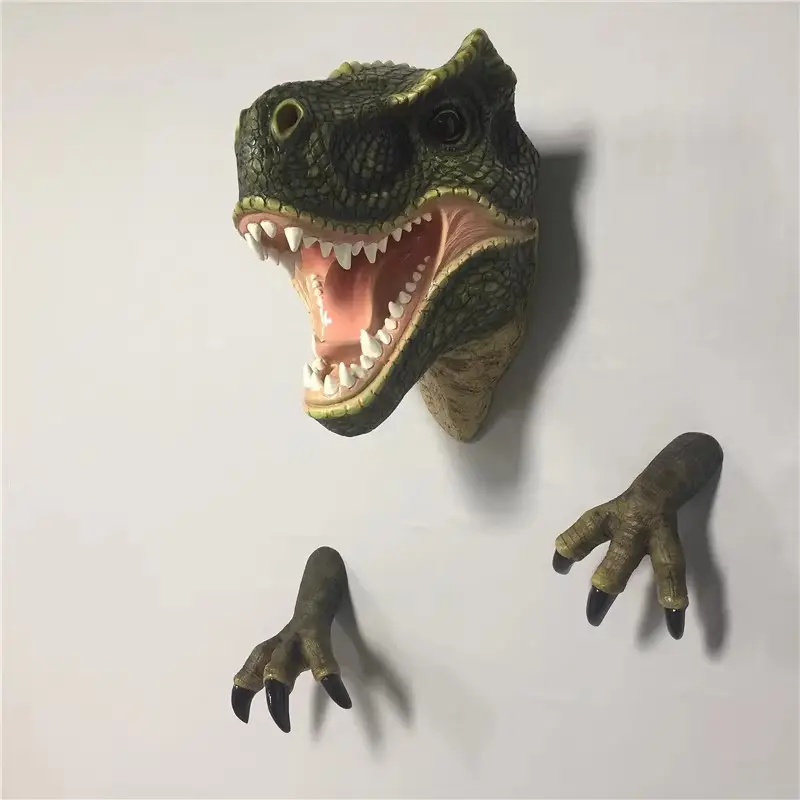 Resina personalizada vida como mano pintura dinosaurio cabeza estatua 3D pared arte escultura