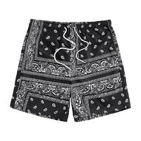 Short de surf imprimé fleur de cajou vintage pour homme, taille moyenne élastique, tissu tissé en nylon 2024, vente en gros, été 100%
