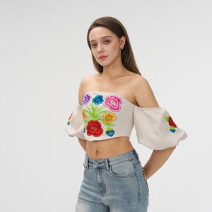 Top Corto Moderno de Manga Corta con Bordado Floral, Top Corto de Algodón con Hombros Descubiertos para Mujer - Product Image 4