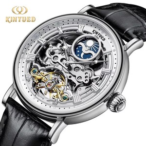 Drop Shipping KINYUED Men's Mechanical <b>Watch</b> <b>Skeleton</b> Dial Moon Phase Genuine Leather Band Waterproof 3BAR Luminous Display - Product Image 3