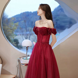 Off The Shoulder Burgundy Ball Gown Wedding Dress Empire Waist Tulle Long Vintage Style Sweetheart Neckline Evening Gown - Product Image 2