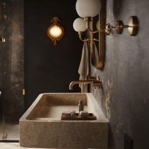 Роскошная мраморная раковина, настенная раковина из травертина, бежевая раковина, Современная раковина для ванной комнаты, умывальник из натурального камня - Product Image 2