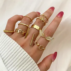 10pcs/set Creative Vintage Angle Wings Opening Rings for Women Hollow Flower Leaves Finger Ring Jewelry Accessories