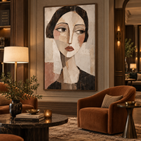 Tableau mural abstrait sur toile : Portrait de femme texturé, peinture cubiste du visage, décor neutre pour salon, chambre, hôtel