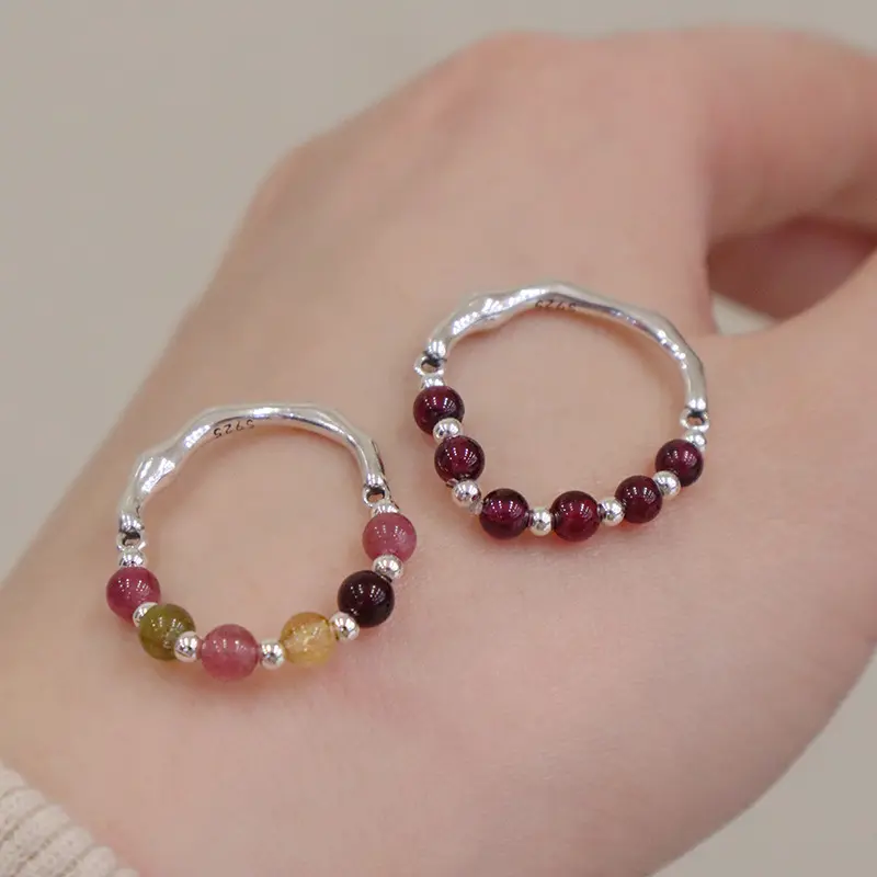 Bán buôn DIY Garnet Nhẫn Tourmaline 925 Bạc Đá Quý tự nhiên Nhẫn thời trang hạt nhẫn cho cô gái