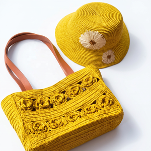 Sac fourre-tout en raphia jaune de Madagascar ANA avec broderie florale, bandoulière portable pour usage quotidien, affaires, plage et voyages - Product Image 5