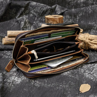 Hot Koop Crazy Horse Lederen Vintage Mobiele Telefoon Portemonnee Mannen Bruin Rits Lange Portemonnee Lederen Mannen Portefeuilles