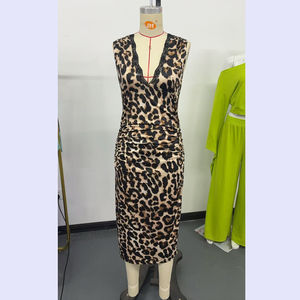 Abito Aderente Sexy con Stampa Leopardata per Donna 2026, Scollo a V, Rifiniture in Pizzo, Spacco Posteriore, Arricciato, Senza Maniche, Vestito Midi da Festa - Product Image 4
