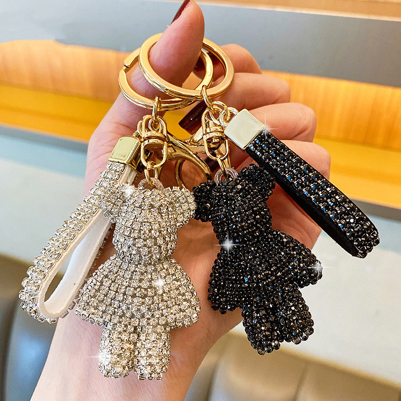 Polcatay Bling Rhinestone Bow Keychain – Leather & Alloy, Gold/Black, With D-Ring For Car Keys