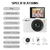 Cámara Digital Compacta 4K para Viajes, Cámara de Vlogging de 64MP para Niños con Autoenfoque, Zoom 16X, Pantalla Abatible de 2.4 Pulgadas, Regalo de Fotografía