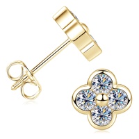 Pendientes de Trébol de Cuatro Hojas de Plata de Ley con Baño de Oro de 14K, Sin Níquel, Brillantes, con Moissanita VVS GRA de 0.1CT, Joyería Fina