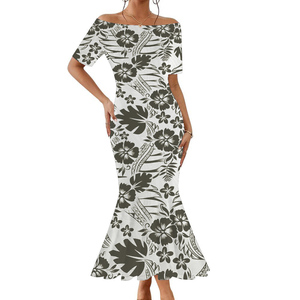 Abito personalizzato da donna bianco e <span class=keywords><strong>nero</strong></span> in stile tropicale hawaiano a <span class=keywords><strong>maniche</strong></span> <span class=keywords><strong>corte</strong></span> monospalla abito a coda di pesce di grandi dimensioni - Product Image 5