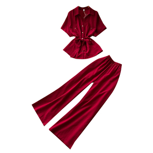 Conjunto <span class=keywords><strong>Casual</strong></span> de 2 Piezas para Mujer, Primavera-Verano, <span class=keywords><strong>Camisa</strong></span> de Manga Corta con Botones y Cintura Ajustable, Pantalones Anchos de Cintura Alta - Product Image 5