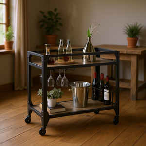 Carrito de Servicio de Bebidas de Metal Rústico de 2 Niveles con Portavasos y Almacenamiento para Uso en Bar Doméstico - Product Image 2