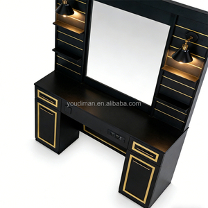Illuminazione LED Nera e Oro per <span class=keywords><strong>Salone</strong></span> di <span class=keywords><strong>Bellezza</strong></span> e Parrucchiere con Cassetti e Ripiani per Specchi e Sedie da Barbiere - Product Image 6