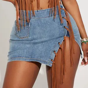 Latest Halter Neck Denim Skirt Set Sleeveless Fringe Detail Back Hook Tank Top And Side Slit Mini Skirt For Sexy Hot Women