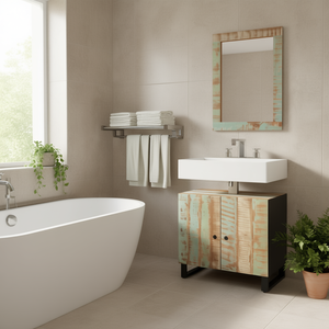 Conjunto de Muebles de Baño de Madera Reciclada Multicolor, Moderno y Ecológico, con Lavabo, Gabinete y Espejo - Product Image 2