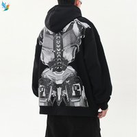 Sudadera con capucha para hombre, negra, oversize, con estampado de robot mecha, estilo urbano, con hombros caídos y gráfico de tono medio