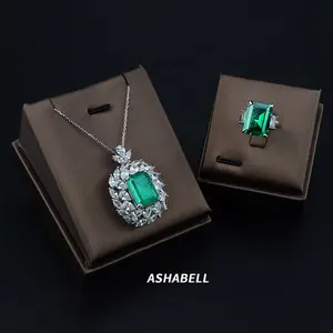 Ashabell Wholesale Large Emerald Pendant Necklace Ring S925 Sterling Silver CZ Zircon Jewelry Set for Women