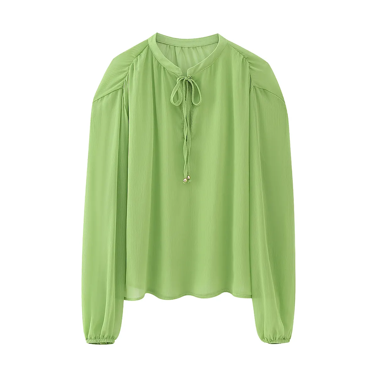 Blusa informal de manga larga para mujer, camisa de cuello redondo con cordones, color verde, diseño 2023