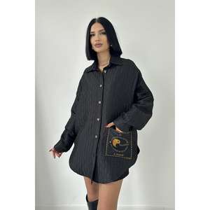 Camisa Negra Acolchada para Mujer, Informal, de Popelina, con Botones, Manga Larga, para Uso Diario - Product Image 5