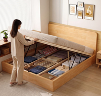 Lit plateforme pneumatique moderne japonais minimaliste en pin massif avec rangement intégré et tête de lit fine sur pieds