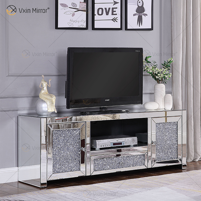 Wholesale WXF 097 mirrored living room furniture Crushed Diamond Silver Cabinet 2 drawer mirror TV Stands