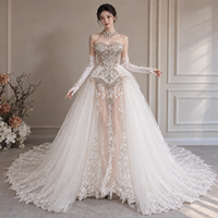 Robe de mariée sirène de luxe à col montant, ornée de cristaux, avec corset perlé illusion, en dentelle et tulle, traîne cathédrale, vente en gros