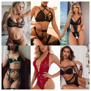 Conjunto de lencería sexy de encaje para mujer, sujetador con aros, tanga, ligueros, estampado floral, body transparente con aberturas, disfraz de lencería - Product Image 1