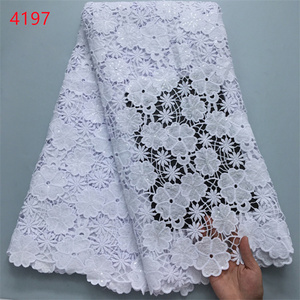 Tessuto in Pizzo Guipure Africano <span class=keywords><strong>Bianco</strong></span> Puro 4197 con <span class=keywords><strong>Paillettes</strong></span>, Tessuti in Pizzo Nigeriano di Alta Qualità per Abiti da Sposa e Feste - Product Image 4