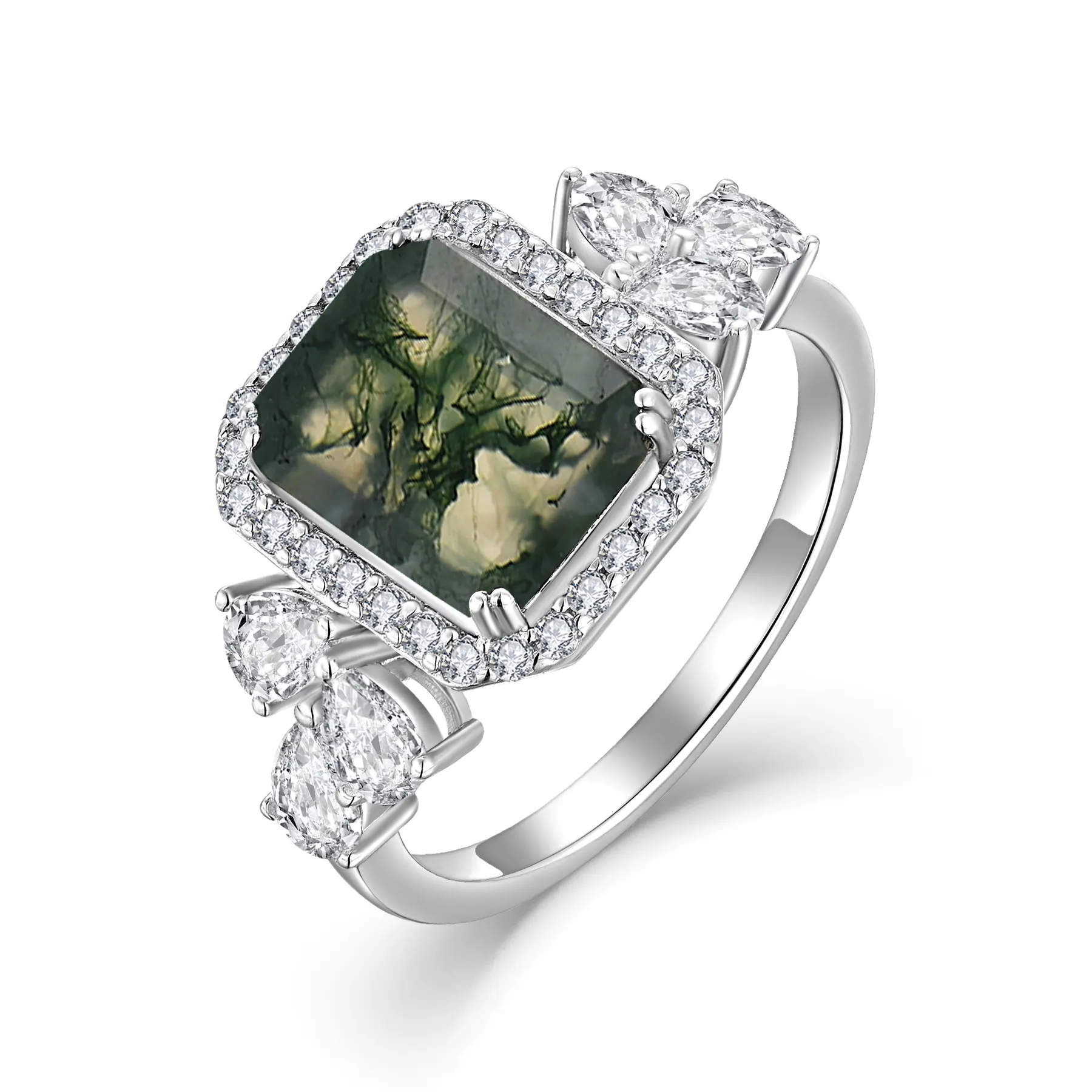QX personalizado Oem atacado joias finas 925 prata luxo quadrado canto corte água grama ágata zircão feminino senhora anel de casal