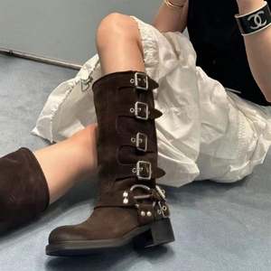 Women's Knee High Boots Side Zipper <strong>Motorcycle</strong> Boots Square Toe Chunky Low Heel Fashion Buckles Biker Riding Boots - Product Image 1