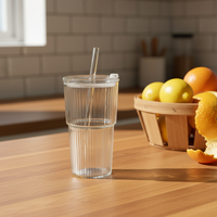 Verres à boire côtelés en verre épais de 600 ml (20 oz) avec paille et couvercle, pour eau, bière, thé et café