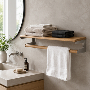 <b>Wood</b> and Metal Bathroom Wall <b>Shelf</b> Towel Rack <b>Floating</b> Storage Holder Natural <b>Wood</b> Silver - Product Image 6