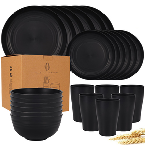 24-delige onbreekbare zwarte plastic serviesset van tarwehalm, vaatwasmachinebestendig, borden, kommen, bekers, keukenserviesset voor 6 personen - Product Image 1