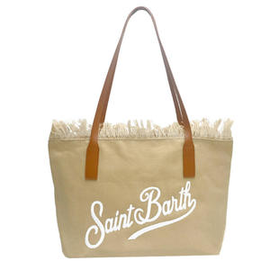 Custom Printed logo Solid Color Large Canvas <b>Tote</b> Bag Beach Personalized Grocery Shopping Bag With Frineg Edges - Product Image 3