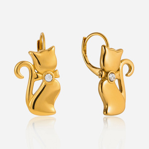 Boucles d'oreilles pendantes en forme de chat en acier inoxydable 316 avec strass blancs sertis clos, cadeau pour femme, boucles d'oreilles pendantes tendance - Product Image 1